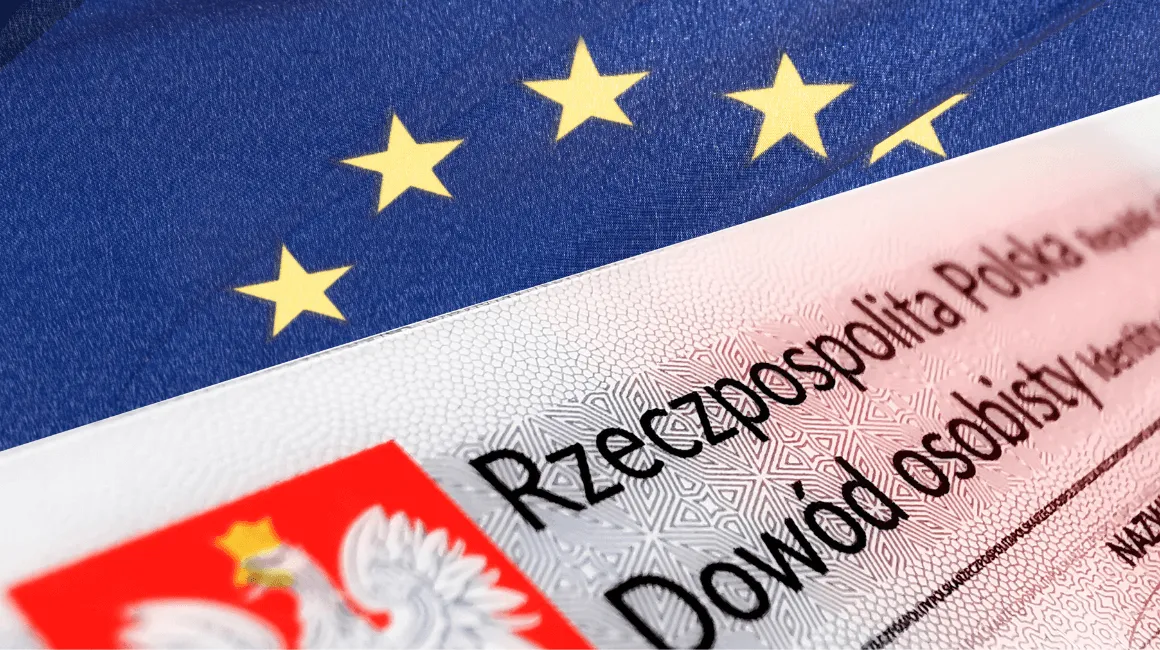 Dowód osobisty Rzeczypospolitej Polskiej na tle flagi Unii Europejskiej